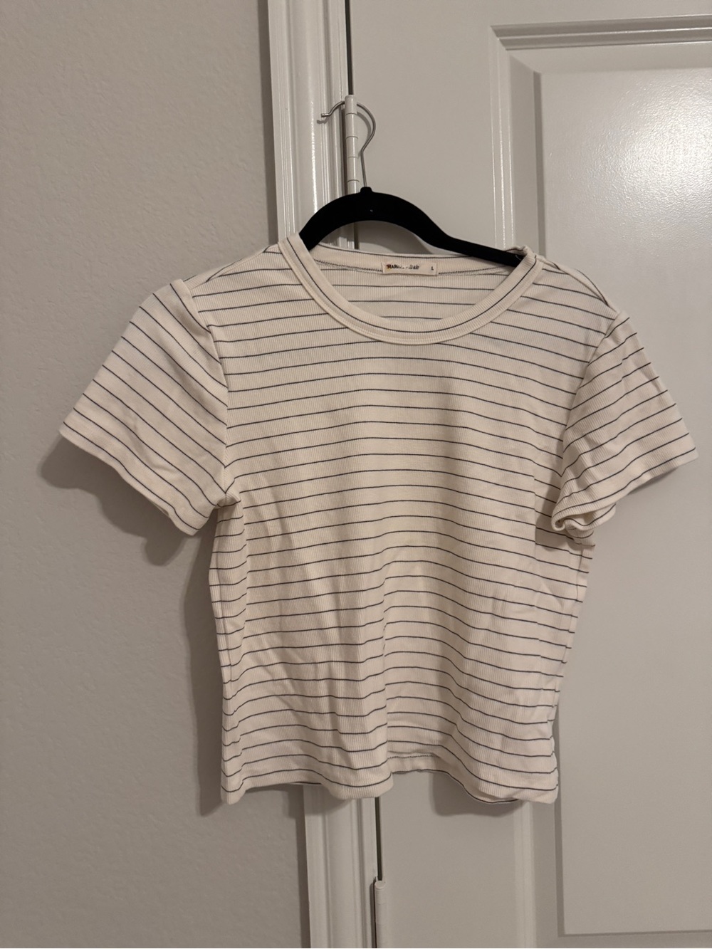 Marine Layer Women’s Lexi Rib Sun-In Crew Tee Black/White Stripe size L
